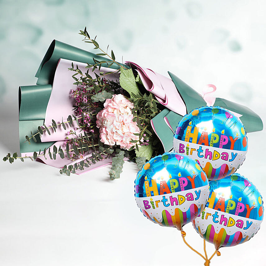 Pink Hydrangea Bouquet With Birthday Balloons Delivery in Singapore ...