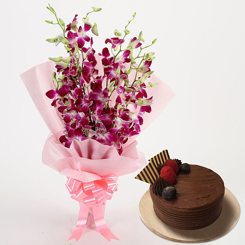 Splendid Purple Orchids Bouquet With Cake