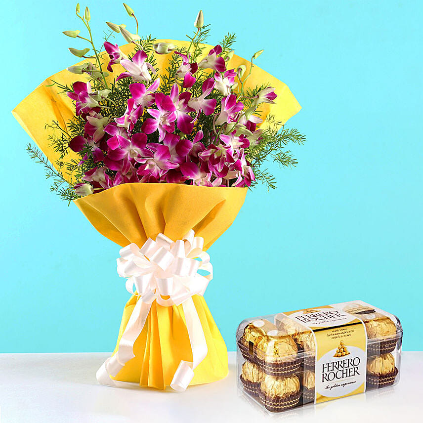 Ten Exotic Purple Orchids Bouquet With Ferrero Rocher