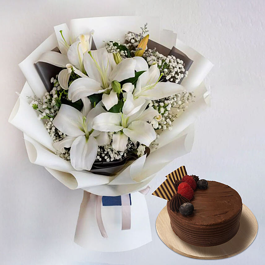 Charming White Lilies Bouquet With Chocolate Cake