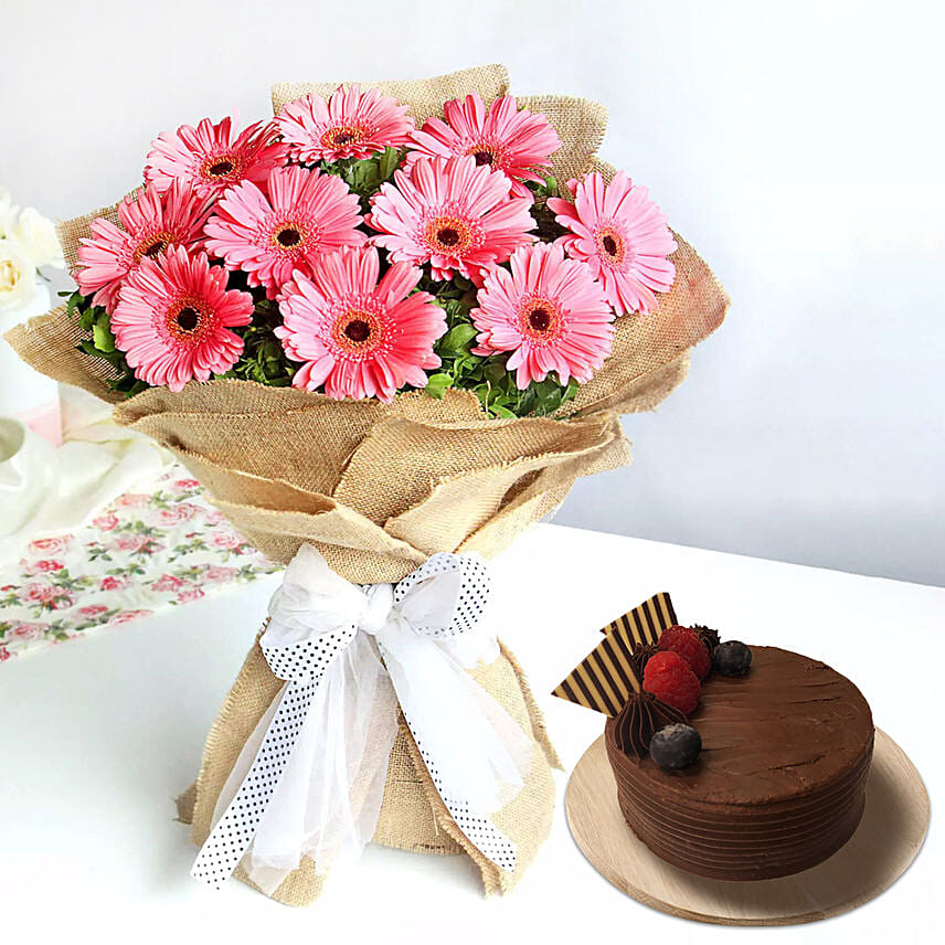 Refreshing Dark Pink Gerberas Bouquet With Chocolate Cake