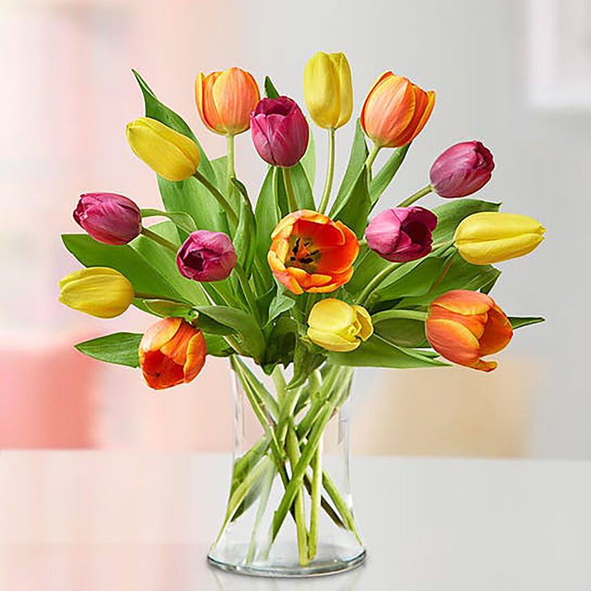 Online Heavenly 12 Multicoloured Tulips Vase &amp; Greeting Card Gift Delivery in Singapore - Ferns N Petals
