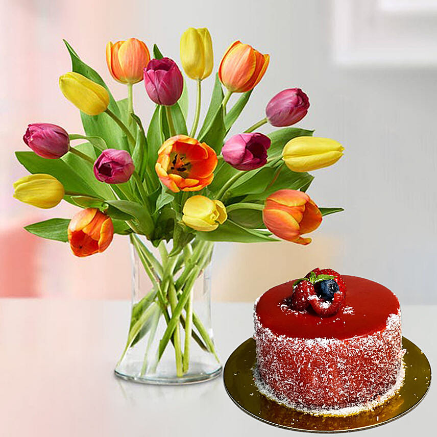 Heavenly 15 Multicoloured Tulips Vase Mousse Cake