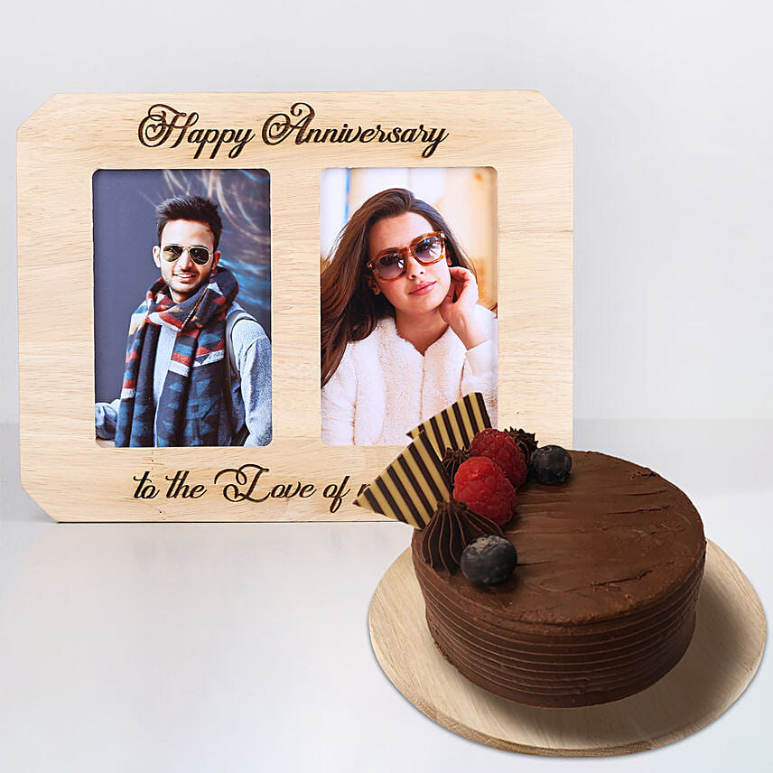 personalised happy anniversary wooden photo frame with cake