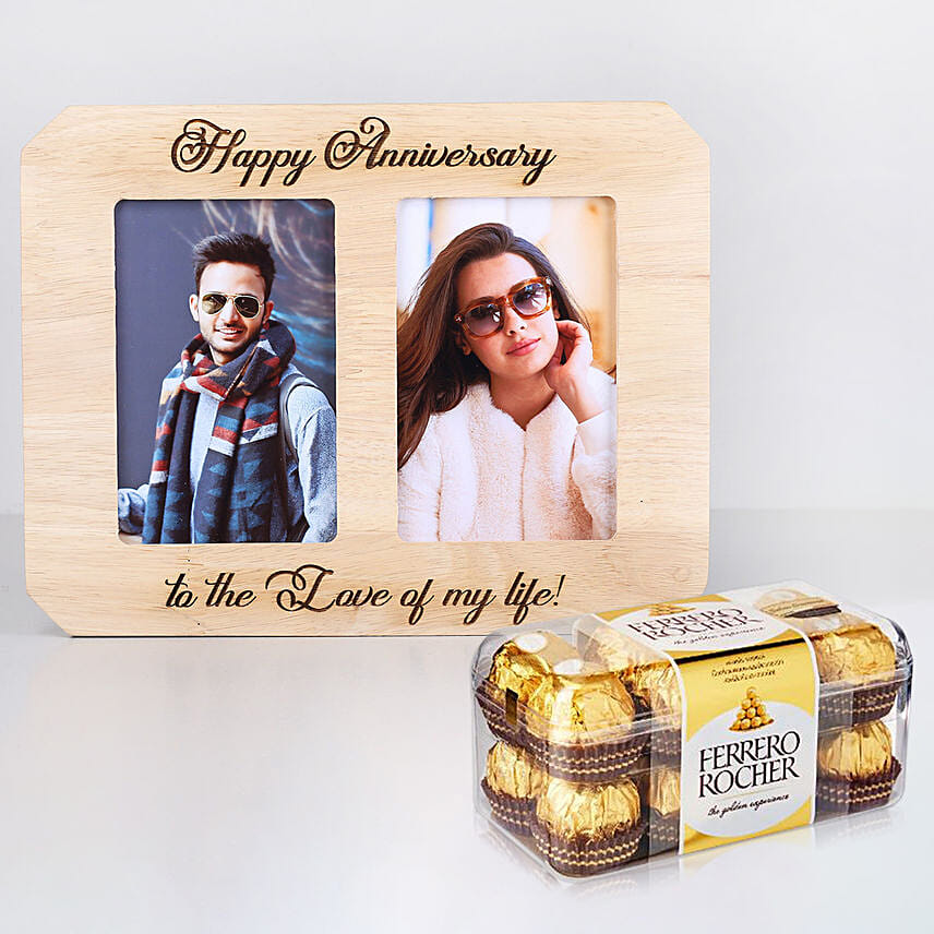 personalised happy anniversary wooden photo frame with chocolates