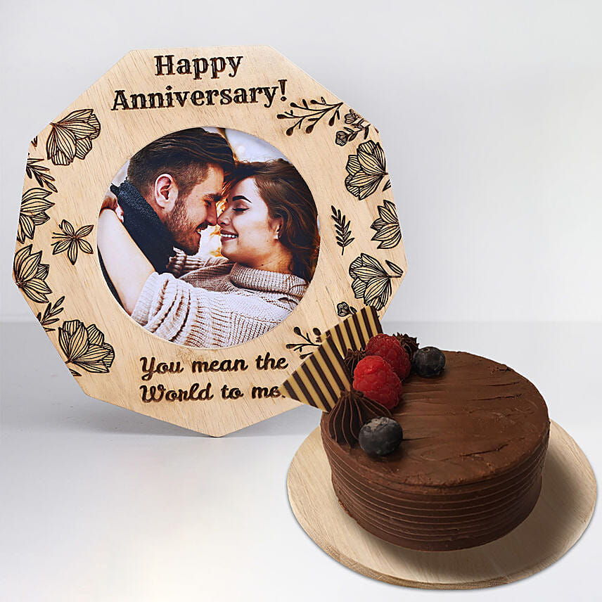 romantic anniversary one personalised wooden frame with cake