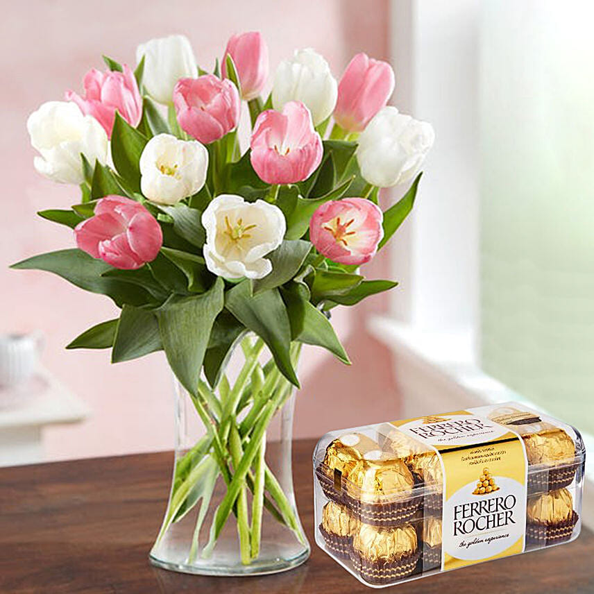 Serene 15 Mixed Tulips Arrangement Ferrero Rocher