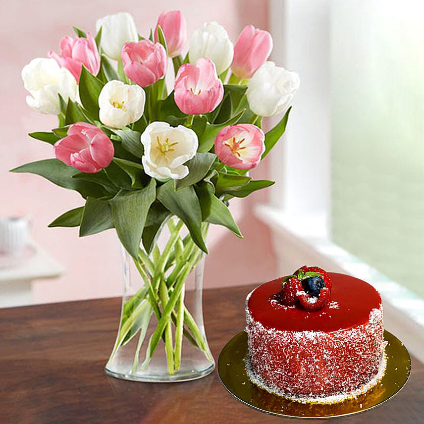 Serene 15 Mixed Tulips Arrangement Mousse Cake