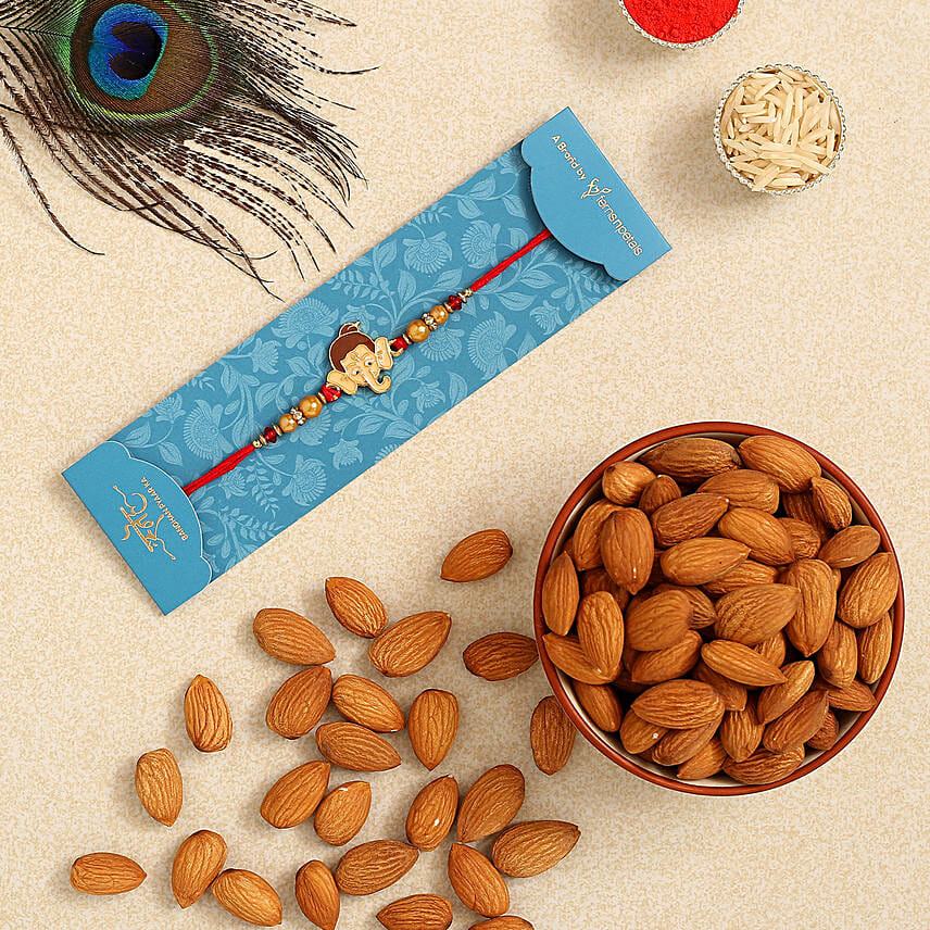 Long Trunk Bal Ganesha Kids Rakhi And Healthy Almonds