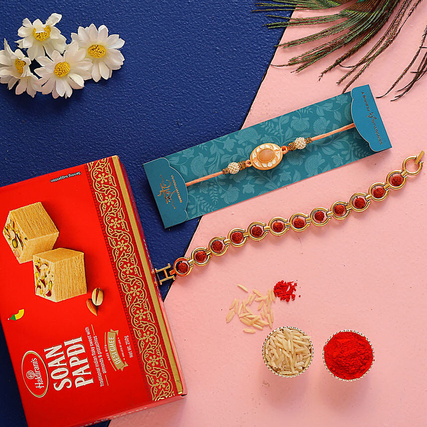 Papi Raksha Rudraksha & Peach Stone Rakhis With Soan Papdi Delivery in Singapore ...