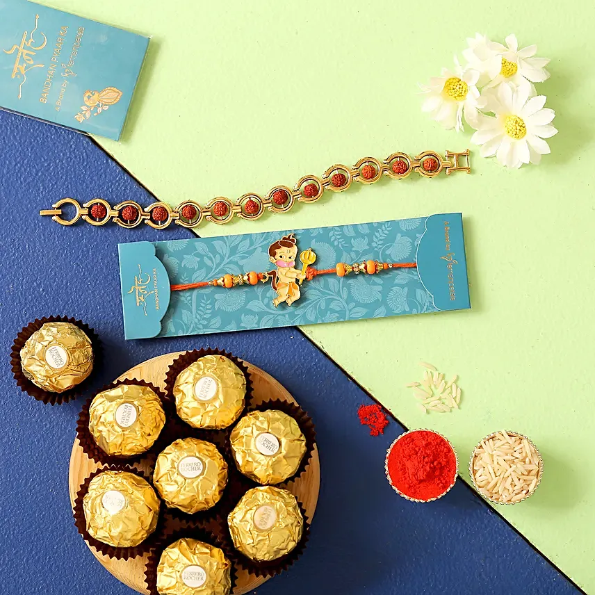 Rudraksha Rakhi & Kids Rakhi With Ferrero Chocolate: Rakhi Gifts