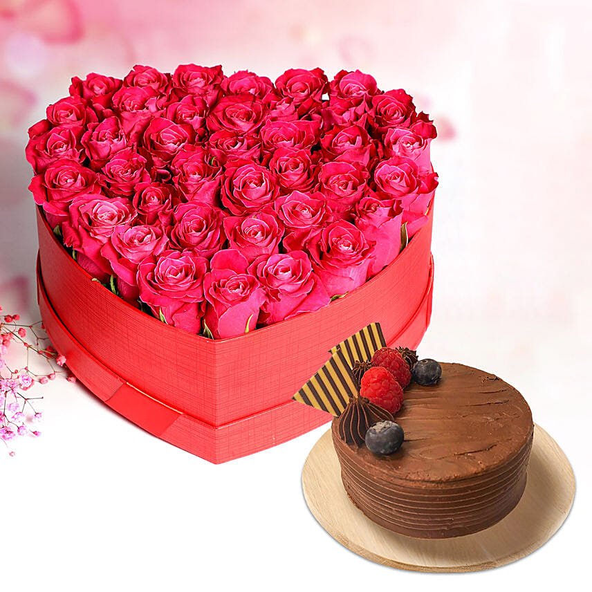 Dark Pink Roses In Heart Shape Box With Cake