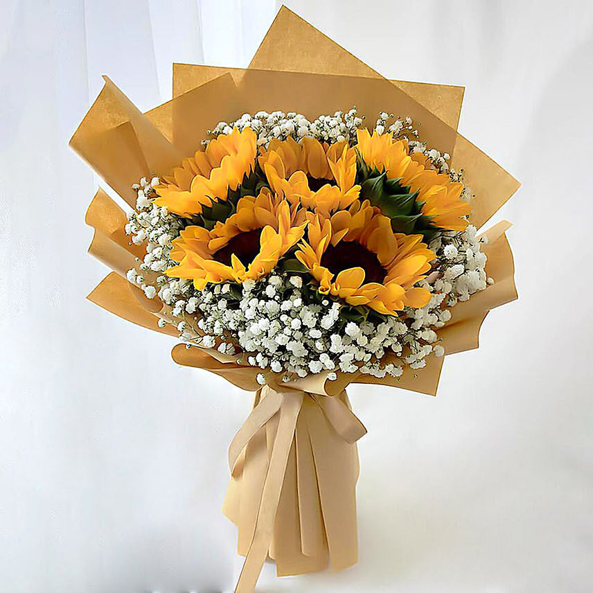 Glowing Sunflowers Beautifully Tied Bouquet Delivery in Singapore - FNP SG
