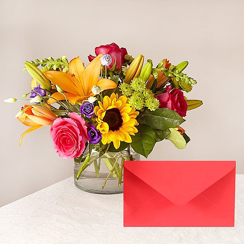 Heavenly Mixed Flowers Glass Vase With Card