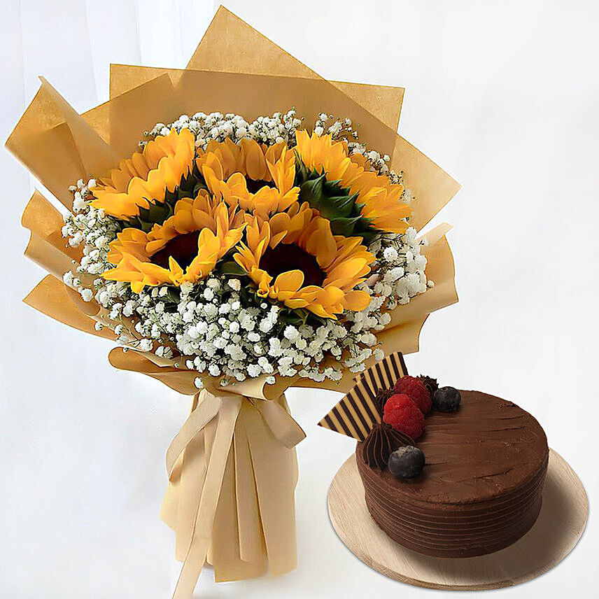 Ravishing Sunflowers With Chocolate Cake