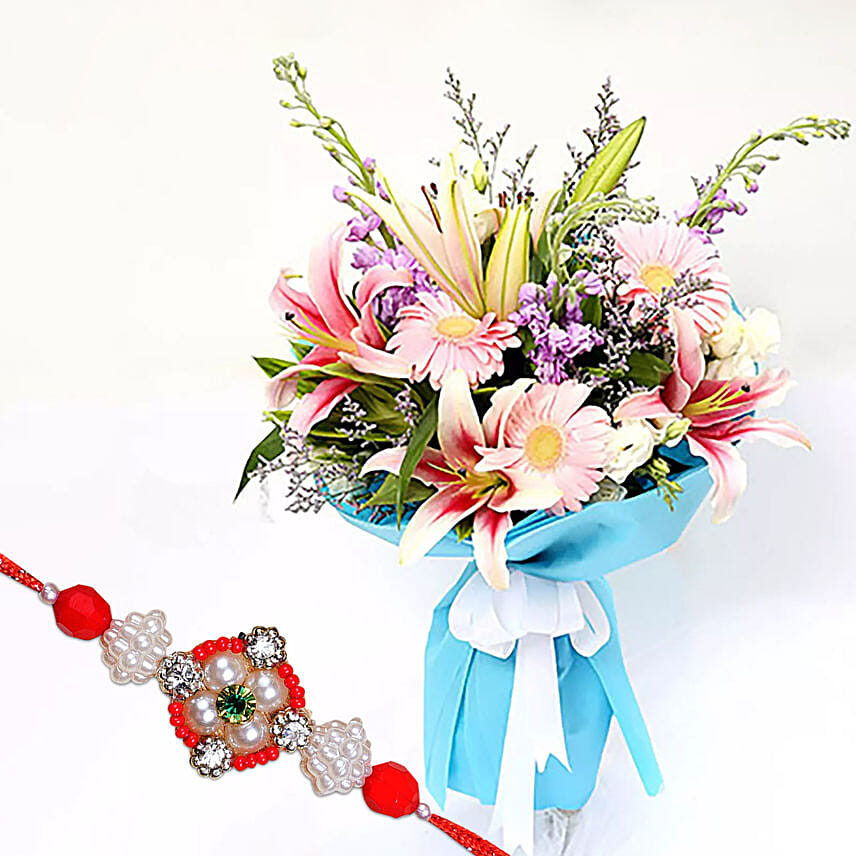 floral rakhi with floral bouquet