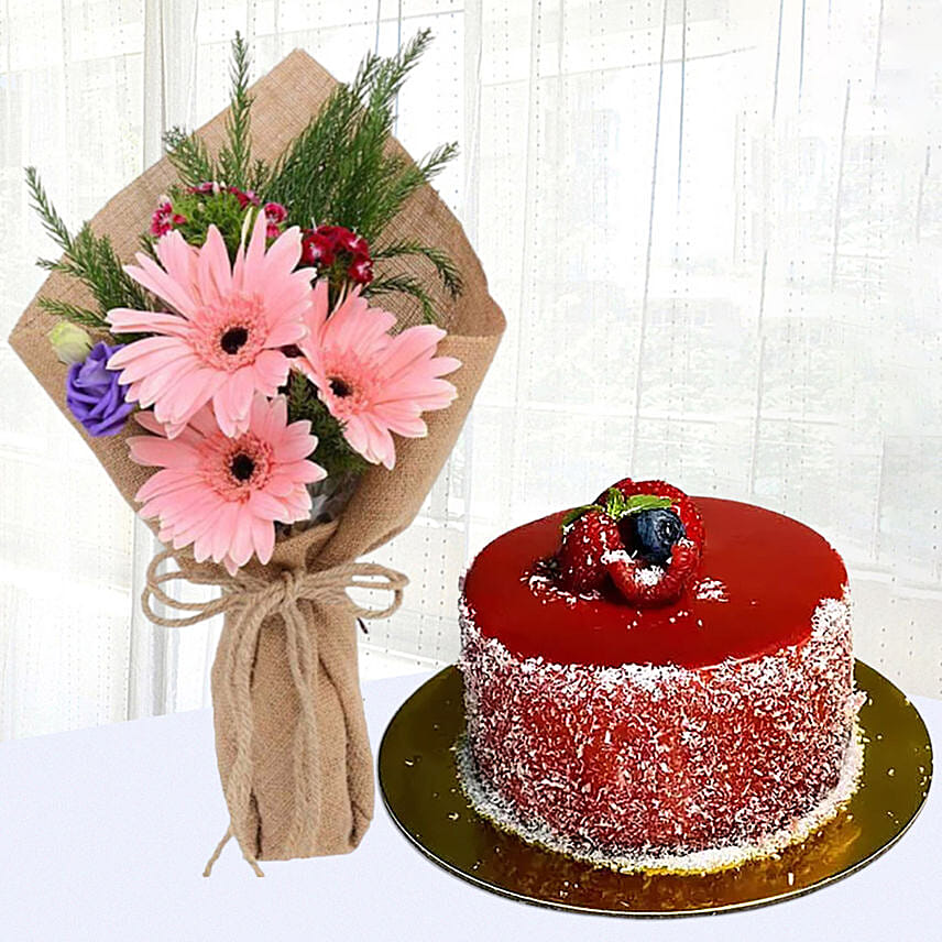 Pink Gerberas Chic Bunch With Mini Mousse Cake