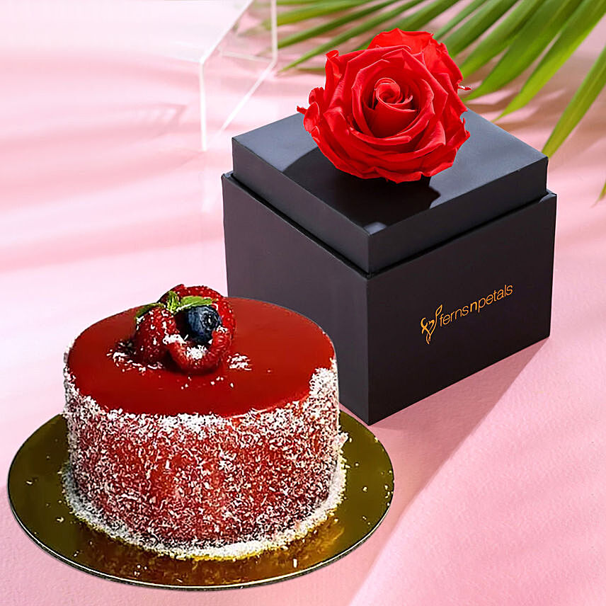 Single Forever Red Rose With Black Box With Mini Mousse Cake