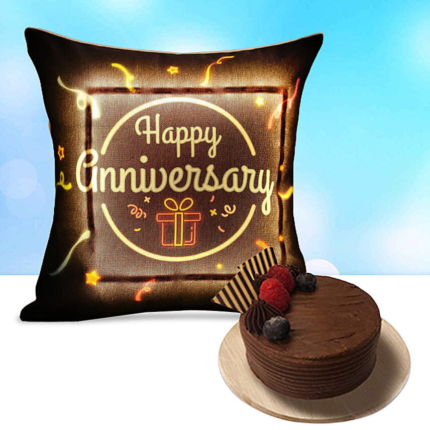 Happy Anniversary Led Cushion With Chocolate Cake