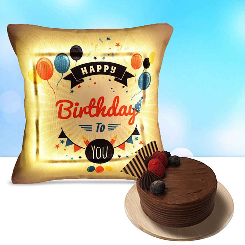 Happy Birthday Led Cushion With Chocolate Cake