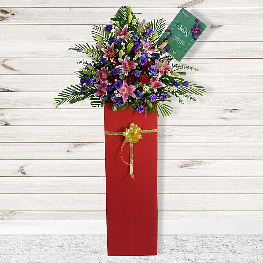 Blissful Mixed Flowers Red Cardboard Stand