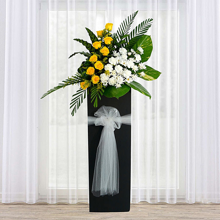 Everlasting Condolence Mixed Flowers Black Stand