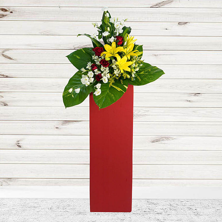 Magnificent Mixed Flowers Red Cardboard Stand