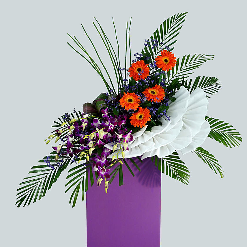 Mesmerising Mixed Flowers Purple Cardboard Stand Delivery in Singapore ...