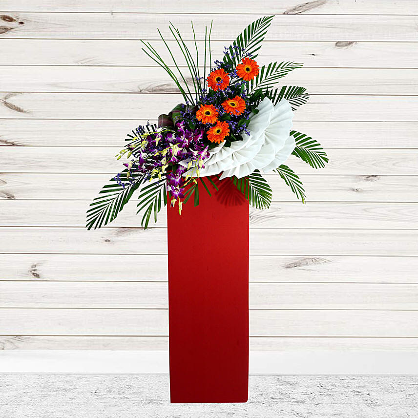 Mesmerising Mixed Flowers Red Cardboard Stand