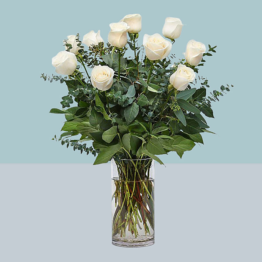 12 Bright White Roses Glass Vase Arrangement