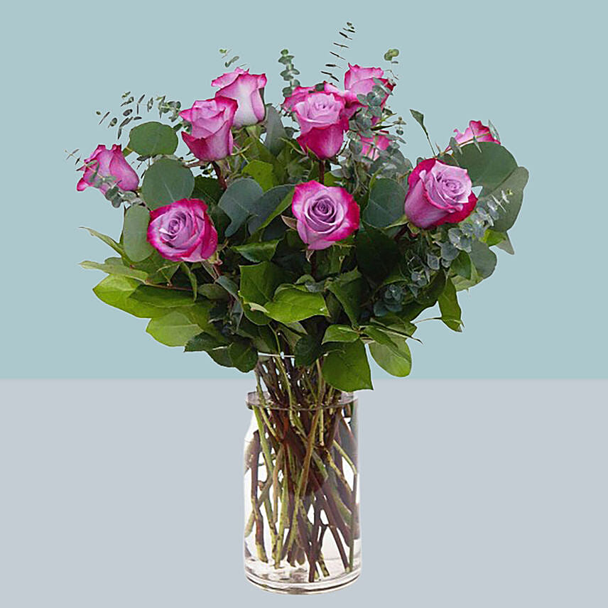 12 Timeless Purple Roses Glass Vase Arrangement