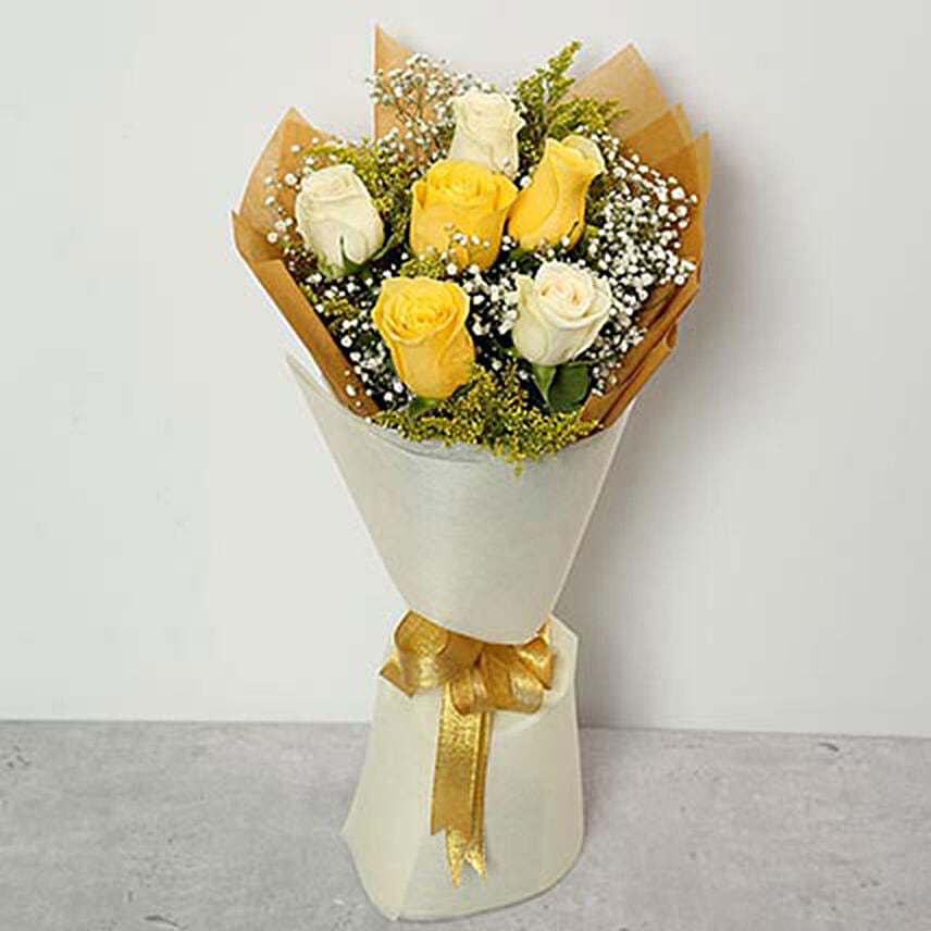 Bunch Of 6 White and Yellow Roses