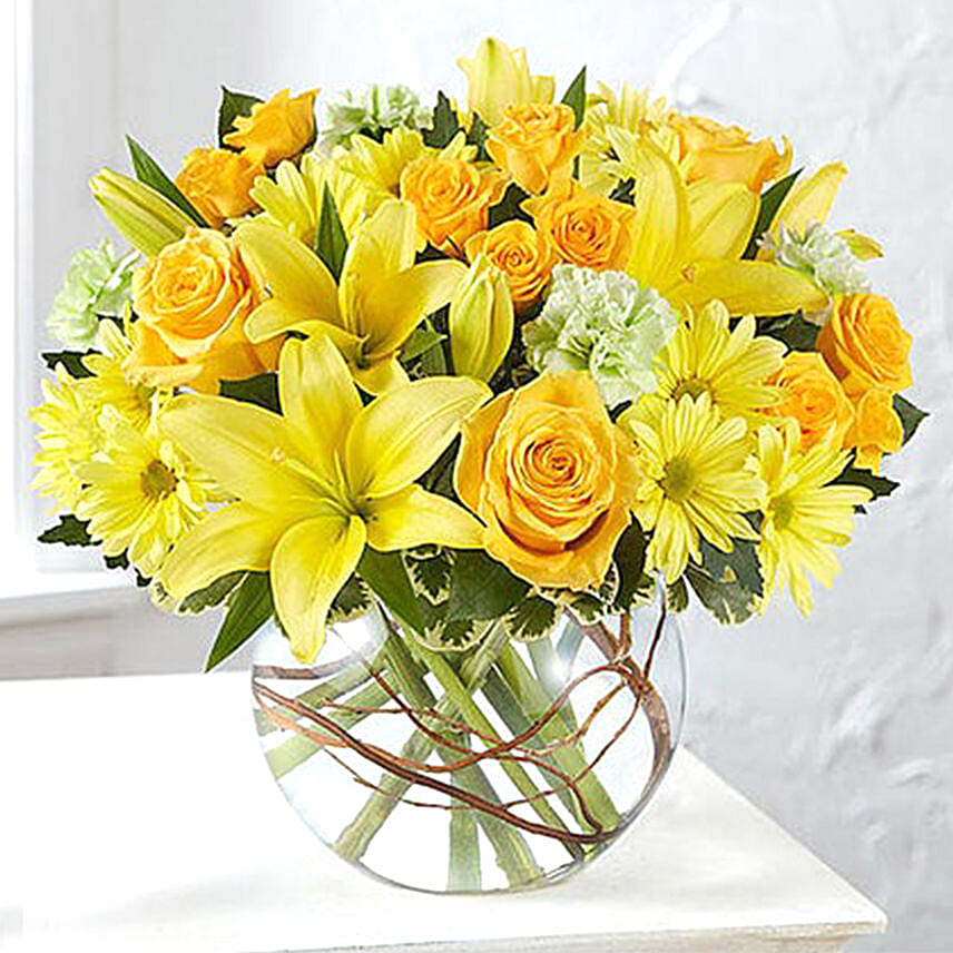 Happy Flowers In Bowl Arrangement