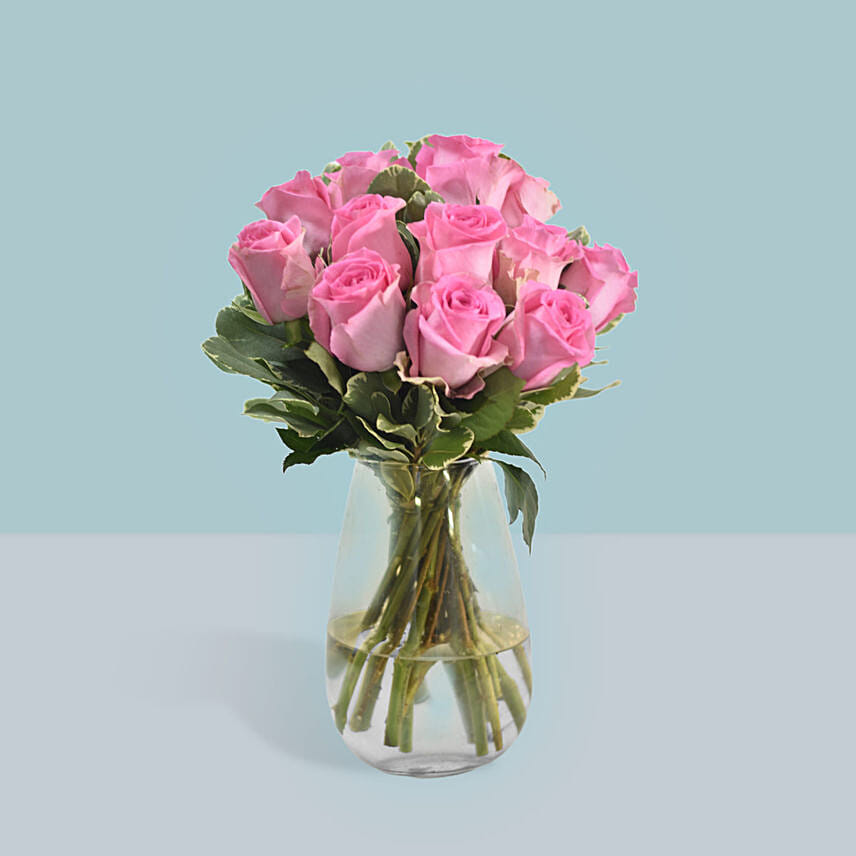 Vase Of 12 Delicate Pink Roses