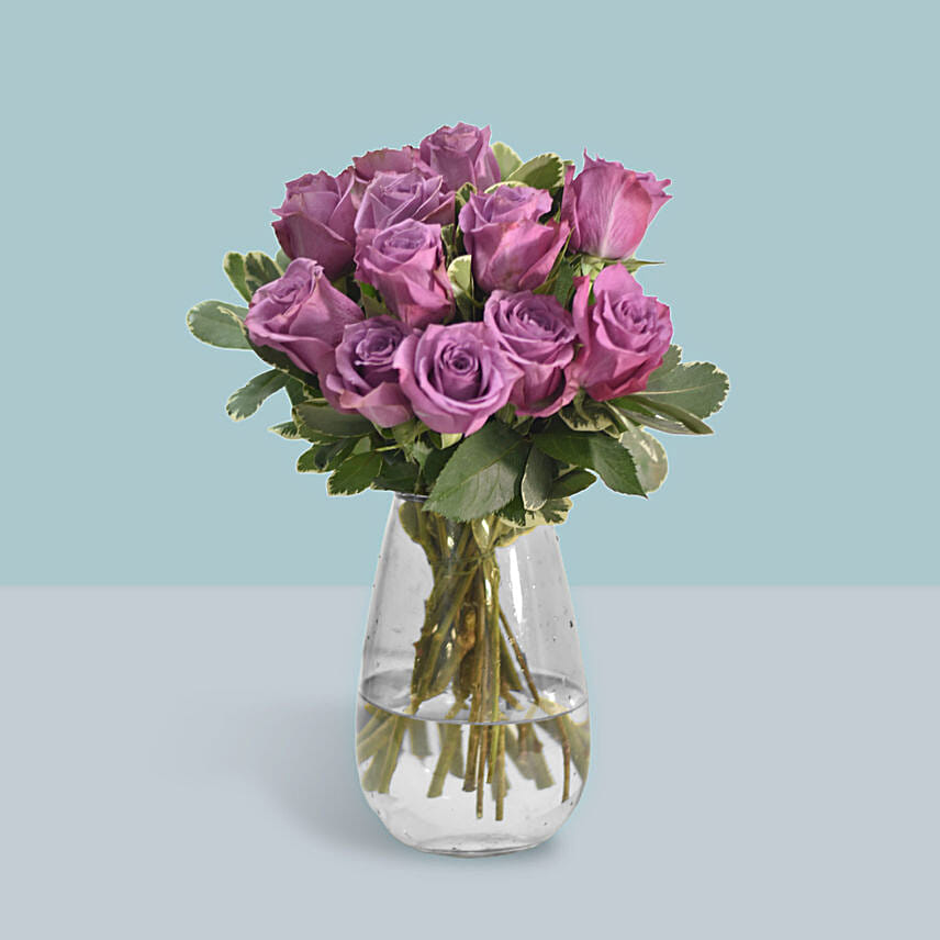 Vase Of 12 Mystic Purple Roses