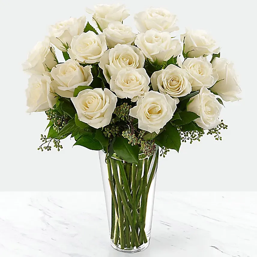 Vase Of Elegant 12 White Roses