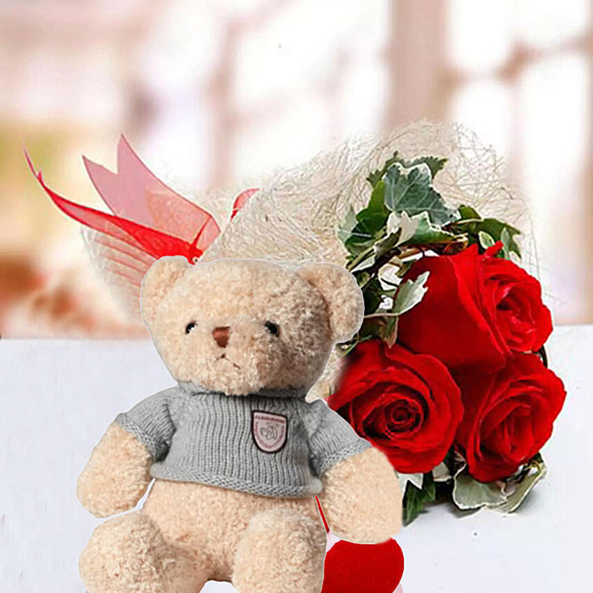 3 Red Roses and Brown Teddy Combo