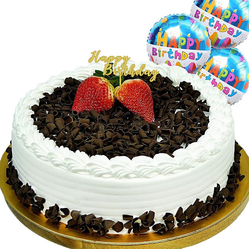 Black Forest Happy Birthday Cake With Birthday Balloons
