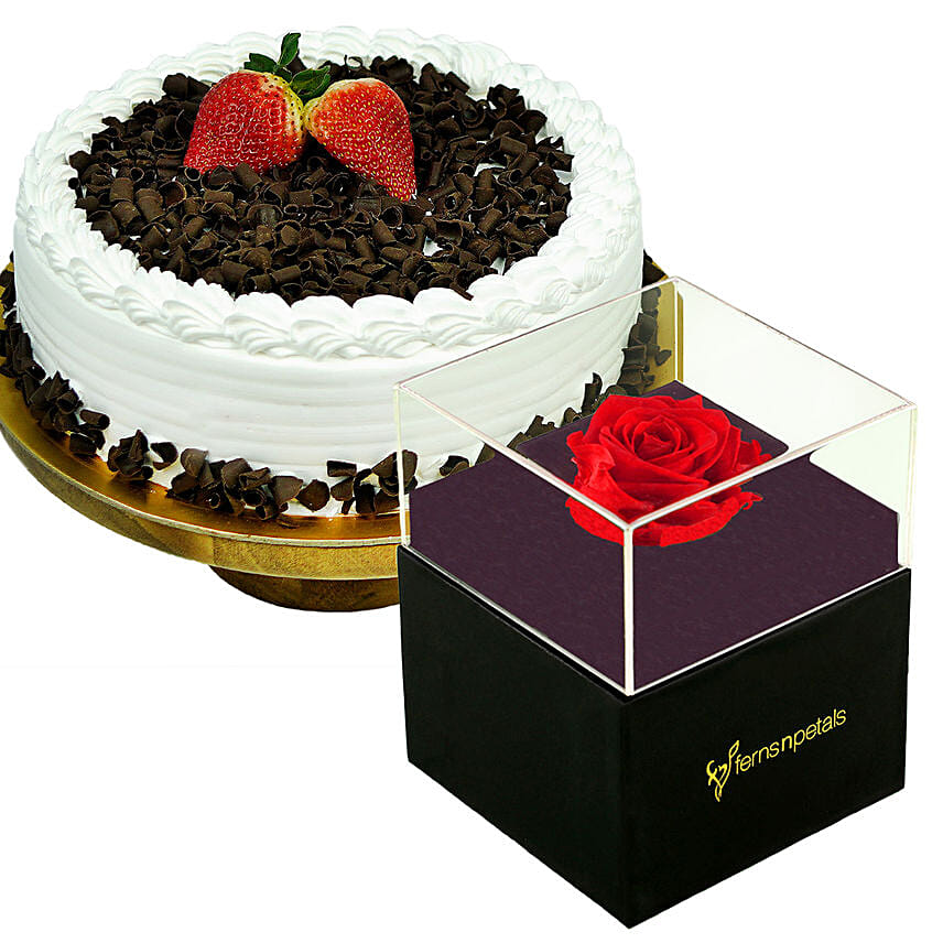 Forever Red Rose With Black Box & Black Forest Cake