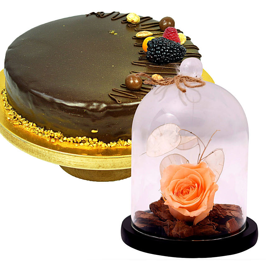 Peach Forever Rose In Glass Dome & Chocolate Cake