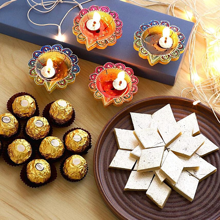 Designer Diyas With Ferrero Rocher And Kaju Katli