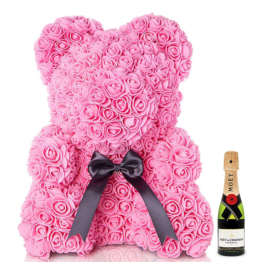 Artificial Roses Pink Teddy Bear With Mini Moet Champagne 200 Ml For Valentines