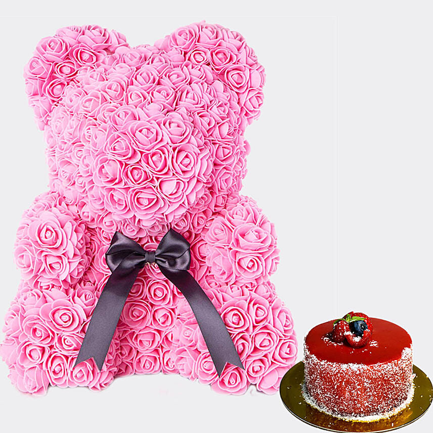 Artificial Roses Pink Teddy Bear With Mini Mousse Cake For Valentines