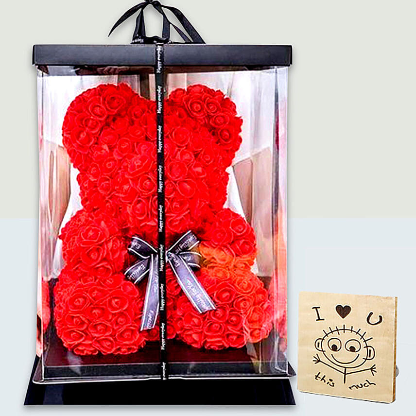 Artificial Roses Red Teddy Bear With I Love You Table Top For Valentines