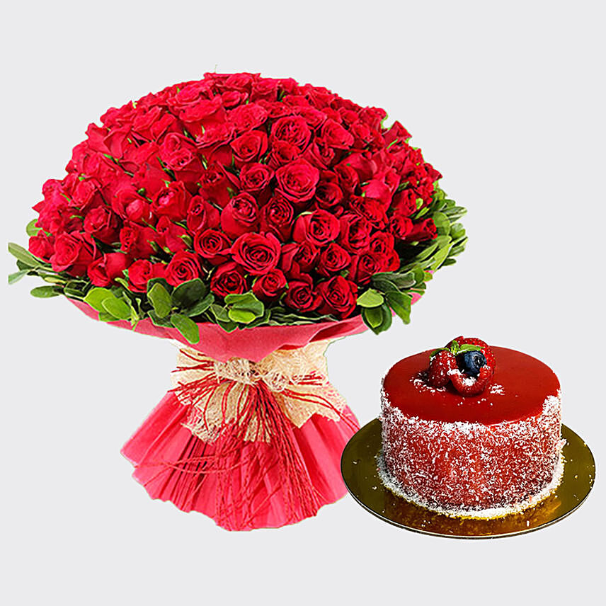 Bouquet Of 100 Roses With Mini Mousse Cake For Valentines