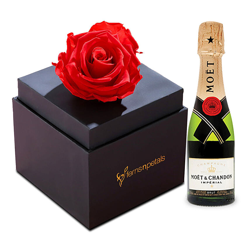 Forever Red Rose Box With Mini Moet Champagne 200 Ml For Valentines