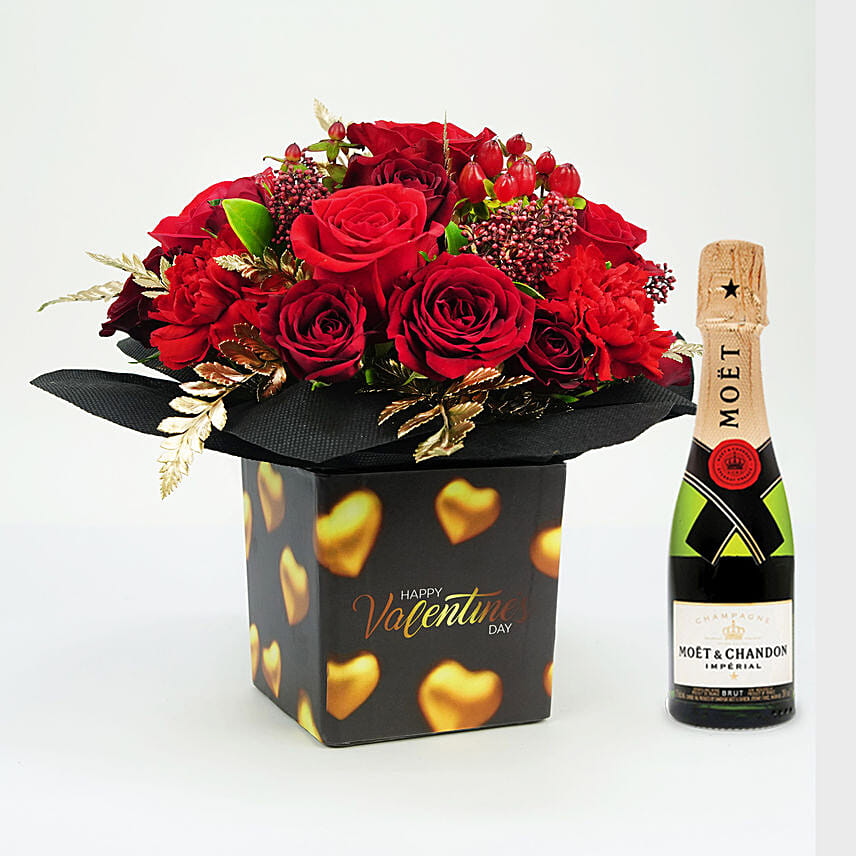 Golden Moments Valentines Flowers With Mini Moet Champagne 200 Ml