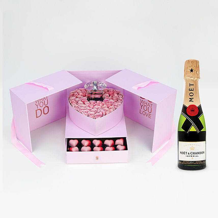 Roses With Perfume In Box With Mini Moet Champagne
