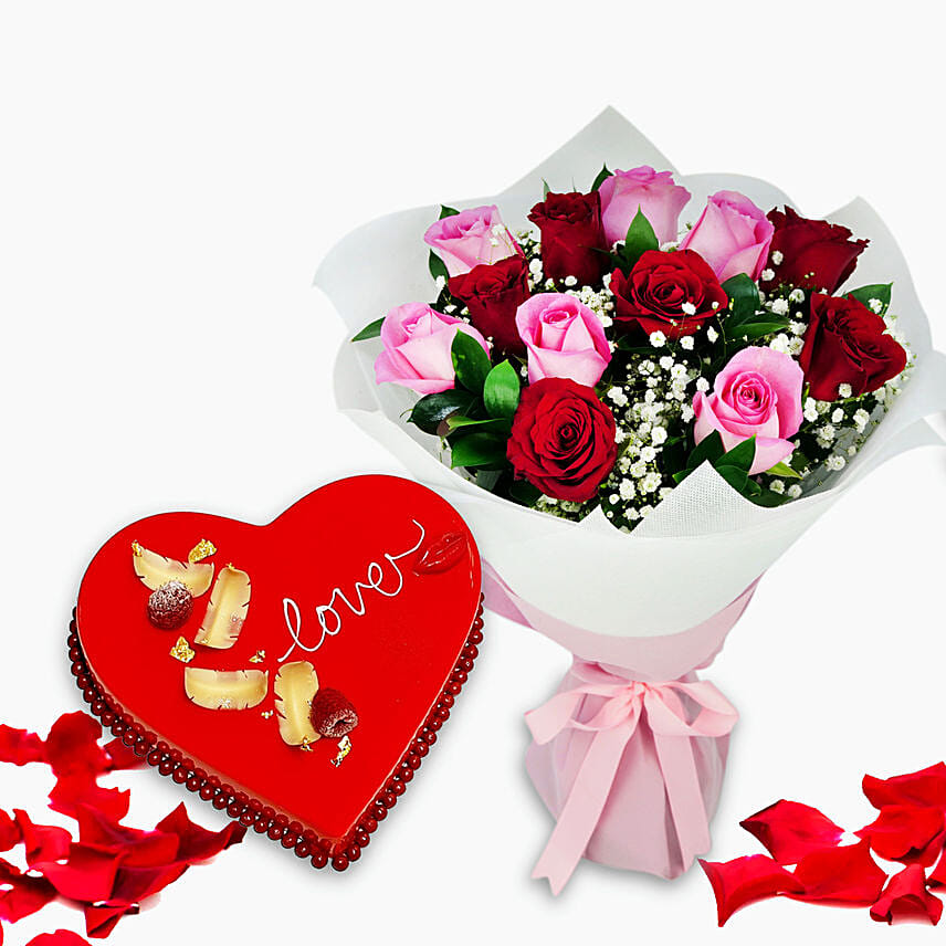 Red And Pink Roses Bouquet With Red Velvet Heart Shaped Cake Delivery ...