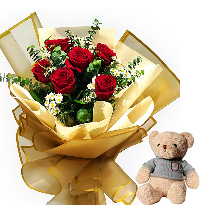 Designer Red Roses Bunch With Teddy Bear